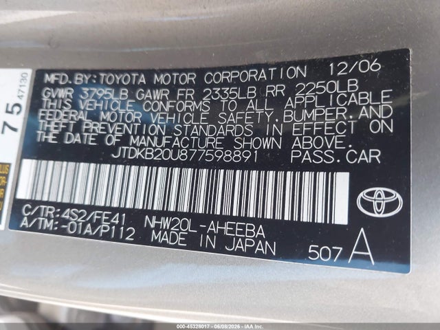 Aukcja sprzedaży 2007 Toyota Prius, vin: JTDKB20U877598891, numer aukcji: 45328017