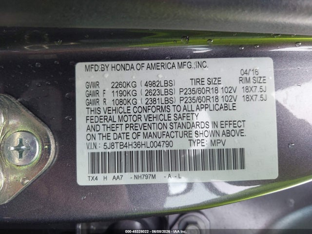 45328022 :رقم المزاد ، 5J8TB4H36HL004790 vin ، 2017 Acura Rdx Acurawatch Plus Package مزاد بيع