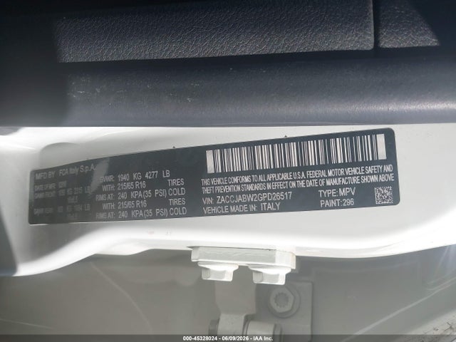 2016 Jeep Renegade Latitude მანქანა იყიდება აუქციონზე, vin: ZACCJABW2GPD26517, აუქციონის ნომერი: 45328024
