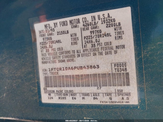 Aukcja sprzedaży 1993 Ford Ranger, vin: 1FTCR10A1PTA53543, numer aukcji: 45328037