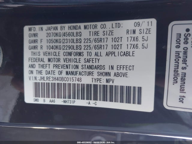 Aukcja sprzedaży 2011 Honda Cr-v Se, vin: JHLRE3H40BC015748, numer aukcji: 45328052