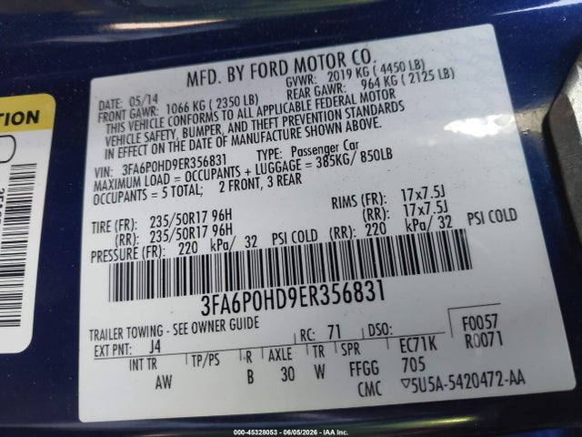 Ford FUSION SE 2014 3FA6P0HD9ER356831 Image 9