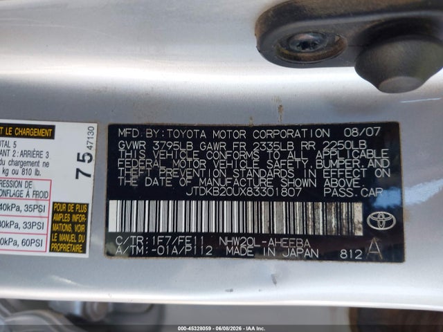 45328059 :رقم المزاد ، JTDKB20UX83301807 vin ، 2008 Toyota Prius مزاد بيع