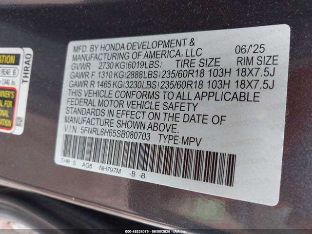 45328079 :رقم المزاد ، 5FNRL6H65SB080703 vin ، 2025 Honda Odyssey Ex-l مزاد بيع