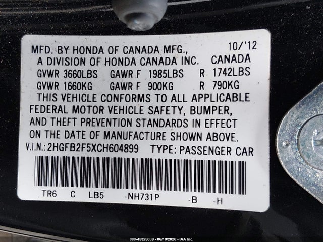 Продаж на аукціоні авто 2012 Honda Civic Lx, vin: 2HGFB2F5XCH604899, номер лоту: 45328089