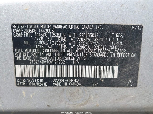 45328106 :رقم المزاد ، 2T3ZF4DV1CW121252 vin ، 2012 Toyota Rav4 مزاد بيع
