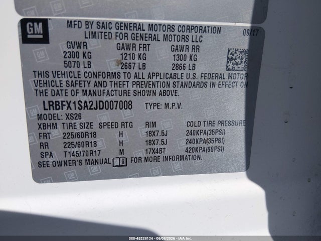 Aukcja sprzedaży 2018 Buick Envision Essence, vin: LRBFX1SA2JD007008, numer aukcji: 45328134