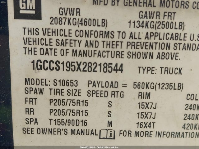2002 Chevrolet S-10 Ls მანქანა იყიდება აუქციონზე, vin: 1GCCS195X28218544, აუქციონის ნომერი: 45328155
