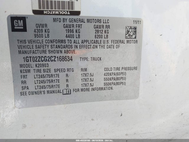 Продаж на аукціоні авто 2012 Gmc Sierra 2500hd Work Truck, vin: 1GT02ZCG2CZ168634, номер лоту: 45328168