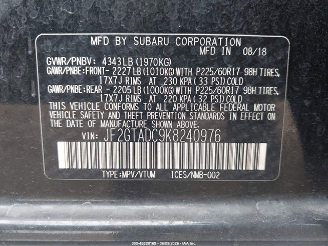 45328169 :رقم المزاد ، JF2GTADC9K8240976 vin ، 2019 Subaru Crosstrek 2.0i Premium مزاد بيع
