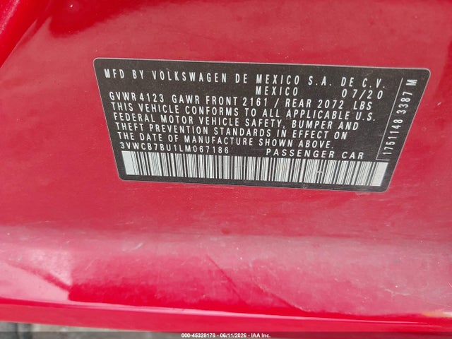 2020 Volkswagen Jetta 1.4t R-line/1.4t S/1.4t Se მანქანა იყიდება აუქციონზე, vin: 3VWCB7BU1LM067186, აუქციონის ნომერი: 45328178