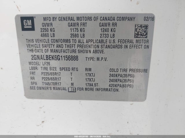 Aukcja sprzedaży 2016 Chevrolet Equinox L, vin: 2GNALBEK6G1156888, numer aukcji: 45328180