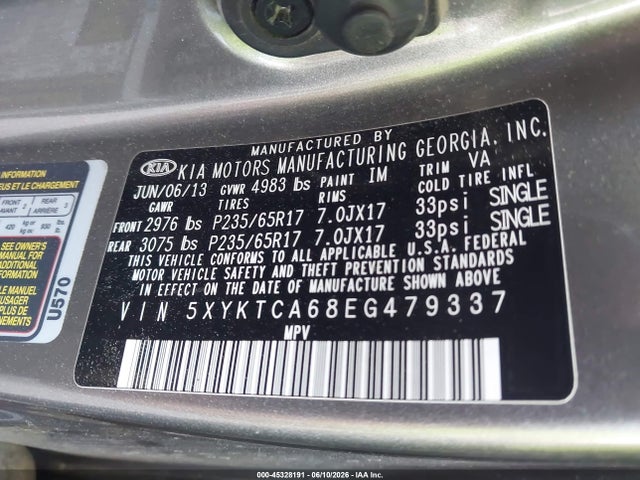 Продаж на аукціоні авто 2014 Kia Sorento Lx, vin: 5XYKTCA68EG479337, номер лоту: 45328191
