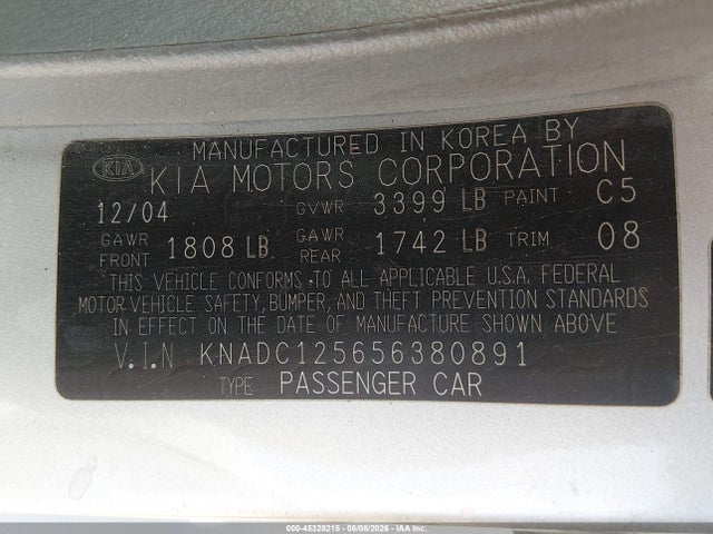 2005 Kia Rio მანქანა იყიდება აუქციონზე, vin: KNADC125656380891, აუქციონის ნომერი: 45328215