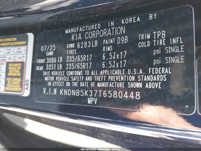 Aukcja sprzedaży 2026 Kia Carnival Mpv Lx, vin: KNDNB5K37T6580448, numer aukcji: 45328229