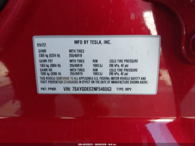 Продаж на аукціоні авто 2022 Tesla Model Y Long Range Dual Motor All-wheel Drive, vin: 7SAYGDEE2NF546563, номер лоту: 45328251