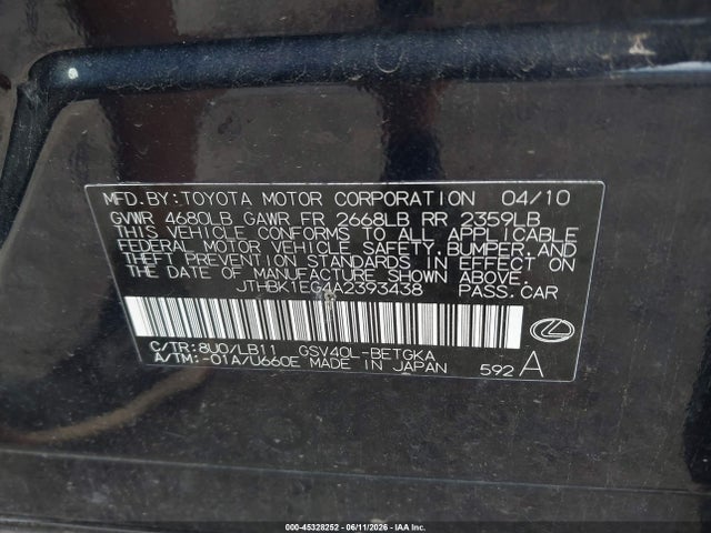 45328252 :رقم المزاد ، JTHBK1EG4A2393438 vin ، 2010 Lexus Es 350 مزاد بيع