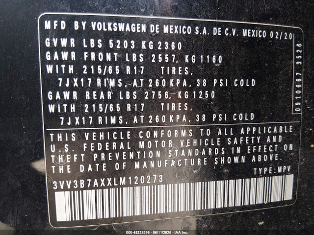 45328296 :رقم المزاد ، 3VV3B7AXXLM120273 vin ، 2020 Volkswagen Tiguan 2.0t Se/2.0t Se R-line Black/2.0t Sel مزاد بيع
