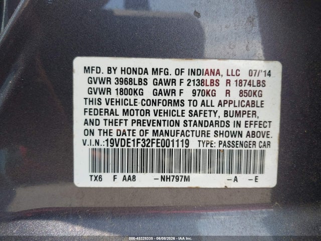 Auction sale of the 2015 Acura Ilx 2.0l, vin: 19VDE1F32FE001119, lot number: 45328335