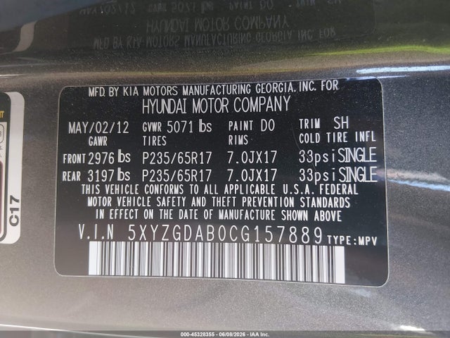 2012 Hyundai Santa Fe Gls მანქანა იყიდება აუქციონზე, vin: 5XYZGDAB0CG157889, აუქციონის ნომერი: 45328355