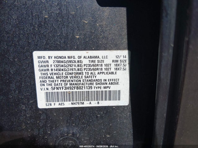 Auction sale of the 2015 Honda Pilot Touring, vin: 5FNYF3H92FB021139, lot number: 45328374