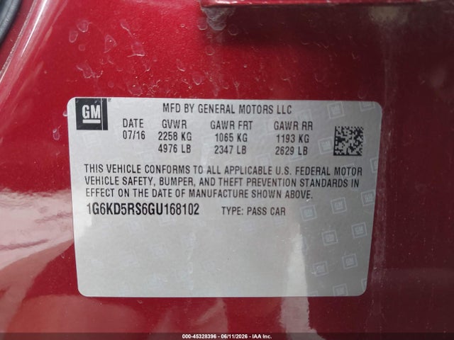 45328396 :رقم المزاد ، 1G6KD5RS6GU168102 vin ، 2016 Cadillac Ct6 Luxury مزاد بيع