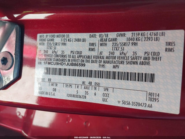 45328409 :رقم المزاد ، 1FMCU9HD1JUB86599 vin ، 2018 Ford Escape Sel مزاد بيع