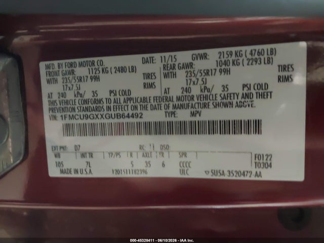 Aukcja sprzedaży 2016 Ford Escape Se, vin: 1FMCU9GXXGUB64492, numer aukcji: 45328411