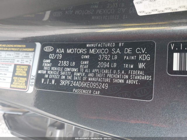 Aukcja sprzedaży 2019 Kia Forte Lxs, vin: 3KPF24AD6KE095249, numer aukcji: 45328413