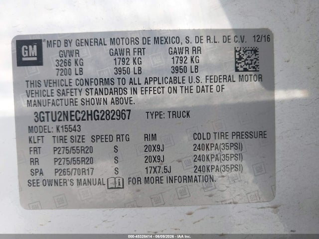 Aukcja sprzedaży 2017 Gmc Sierra 1500 Slt, vin: 3GTU2NEC2HG282967, numer aukcji: 45328414