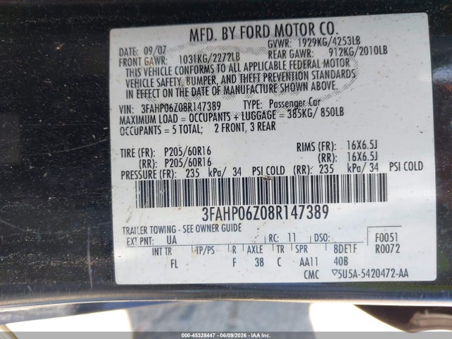 Продажа на аукционе авто 2008 Ford Fusion S, vin: 3FAHP06Z08R147389, номер лота: 45328447