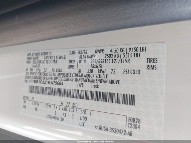 45328465 :رقم المزاد ، 1FTBR1C82TKA75684 vin ، 2026 Ford Transit-250 مزاد بيع