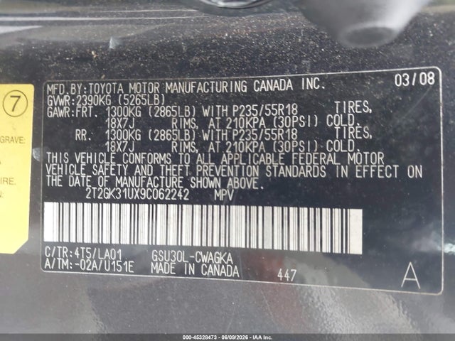 Aukcja sprzedaży 2009 Lexus Rx 350, vin: 2T2GK31UX9C062242, numer aukcji: 45328473
