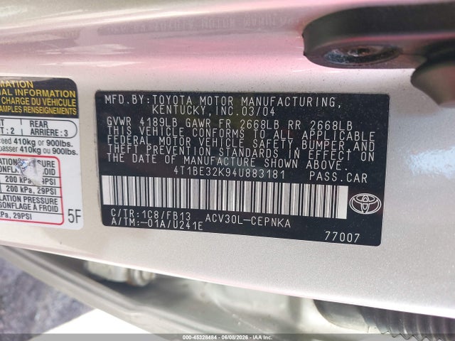 Продажа на аукционе авто 2004 Toyota Camry Le, vin: 4T1BE32K94U883181, номер лота: 45328484