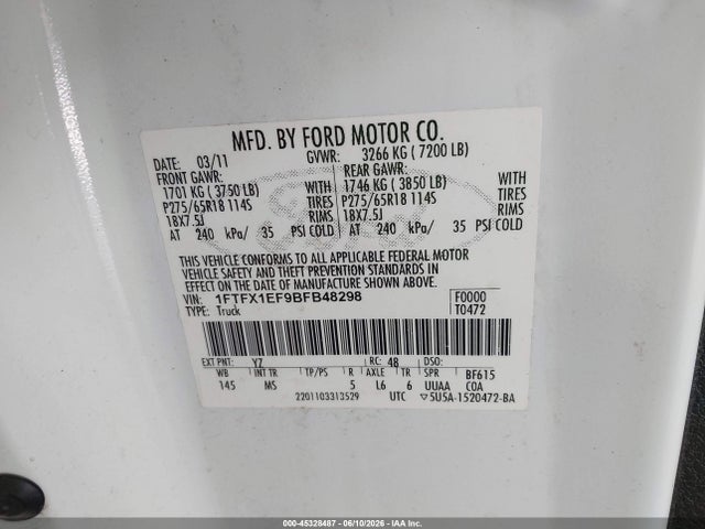 Aukcja sprzedaży 2011 Ford F-150 Xlt, vin: 1FTFX1EF9BFB48298, numer aukcji: 45328487