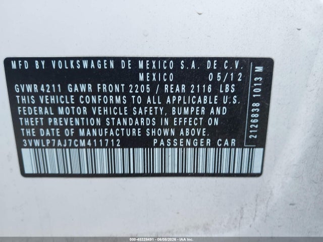Aukcja sprzedaży 2012 Volkswagen Jetta 2.5l Sel, vin: 3VWLP7AJ7CM411712, numer aukcji: 45328491