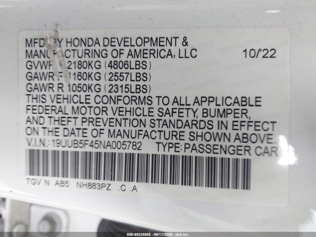45328505 :رقم المزاد ، 19UUB5F45NA005782 vin ، 2022 Acura Tlx Technology Package مزاد بيع