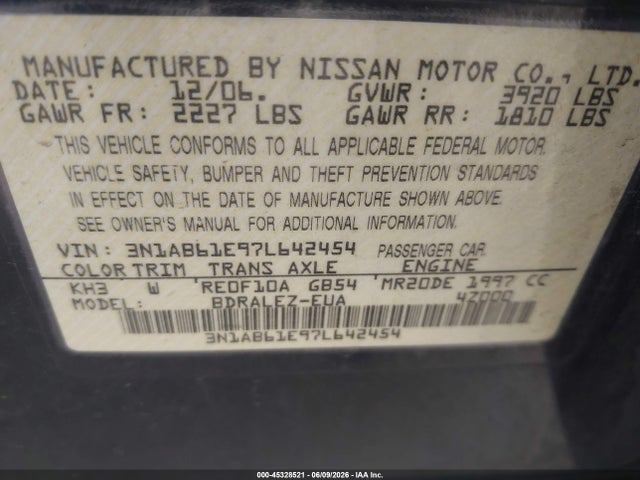 Aukcja sprzedaży 2007 Nissan Sentra 2.0s, vin: 3N1AB61E97L642454, numer aukcji: 45328521