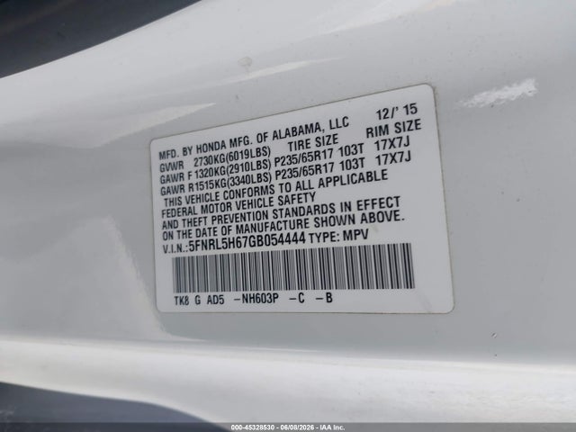 Aukcja sprzedaży 2016 Honda Odyssey Ex-l, vin: 5FNRL5H67GB054444, numer aukcji: 45328530