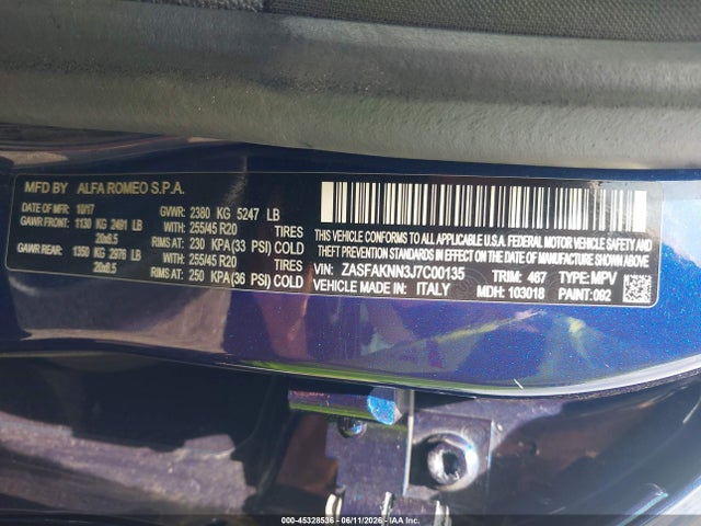 Aukcja sprzedaży 2018 Alfa Romeo Stelvio Ti Sport Awd, vin: ZASFAKNN3J7C00135, numer aukcji: 45328536