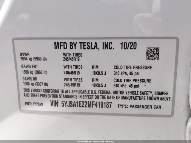Aukcja sprzedaży 2021 Tesla Model S Long Range Dual Motor All-wheel Drive/long Range Plus Dual Motor All-wheel Drive, vin: 5YJSA1E22MF419187, numer aukcji: 45328555