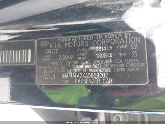 Aukcja sprzedaży 2010 Kia Forte Ex, vin: KNAFU4A2XA5859202, numer aukcji: 45328562