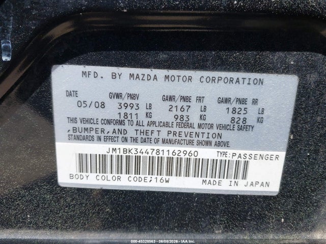 Aukcja sprzedaży 2008 Mazda Mazda3 S Touring, vin: JM1BK344781162960, numer aukcji: 45328563
