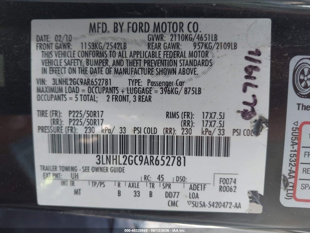 45328568 :رقم المزاد ، 3LNHL2GC9AR652781 vin ، 2010 Lincoln Mkz مزاد بيع