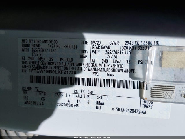 Продаж на аукціоні авто 2020 Ford F-150 Xl, vin: 1FTEW1EB0LKF21720, номер лоту: 45328570