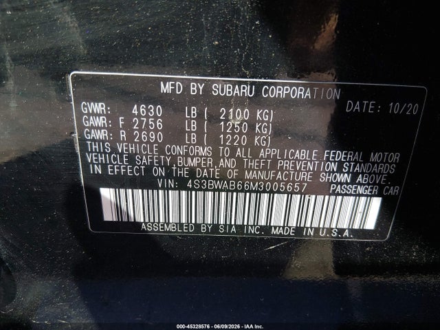 Aukcja sprzedaży 2021 Subaru Legacy, vin: 4S3BWAB66M3005657, numer aukcji: 45328576