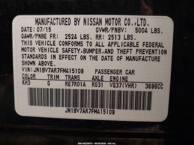 Продаж на аукціоні авто 2015 Infiniti Q50 Premium, vin: JN1BV7AR7FM415109, номер лоту: 45328578