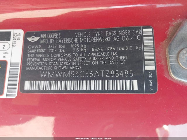 Aukcja sprzedaży 2010 Mini Cooper S, vin: WMWMS3C56ATZ85485, numer aukcji: 45328582