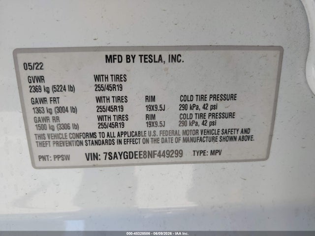 Продаж на аукціоні авто 2022 Tesla Model Y Long Range Dual Motor All-wheel Drive, vin: 7SAYGDEE8NF449299, номер лоту: 45328586
