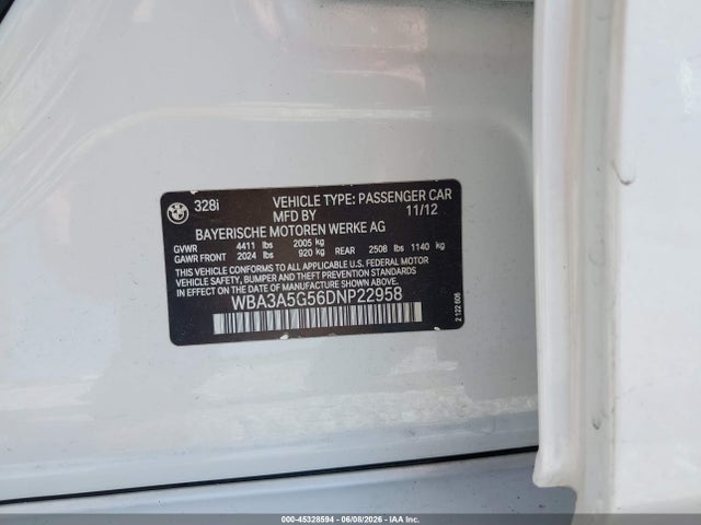 Aukcja sprzedaży 2013 Bmw 328i, vin: WBA3A5G56DNP22958, numer aukcji: 45328594